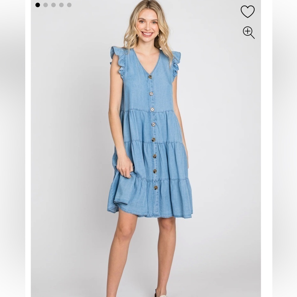 Light Blue Chambray buttoned accent chambray tiered dress ruffle shirt sleeves